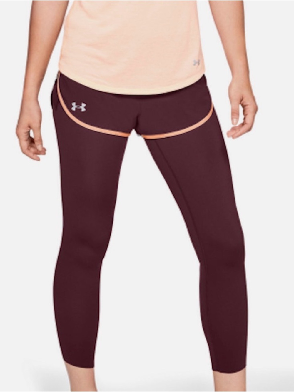 Under Armour dark maroon with orange SpeedPocket 2-in- runner crop leggings